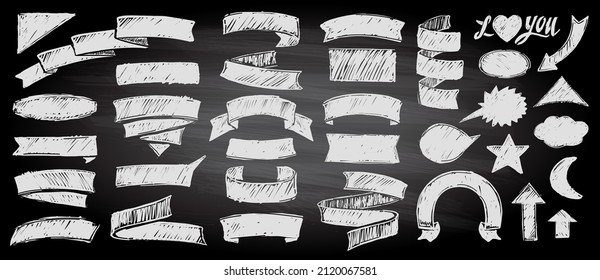 Assorted chalk style ribbons and elements set on a chalkboard background, vector graphic hand drawn illustration, sketched doodle style symbols