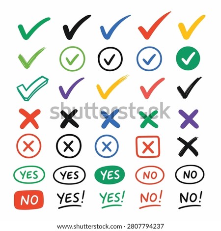 Assorted checkmarks crosses and yes no symbols in various colors and styles arranged in a grid