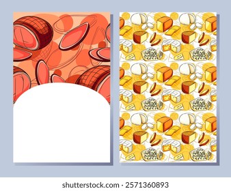 Assorted cheese collection with various types and slices in horizontal layouts. Great for dairy product packaging or menu designs. Vector illustration.