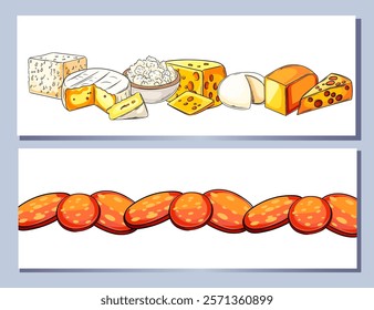 Assorted cheese collection with various types and slices in horizontal layouts. Great for dairy product packaging or menu designs. Vector illustration.