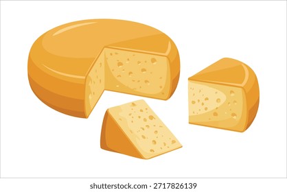 Assorted cheese collection whole wheels and sliced pieces isolated vector illustration on white background