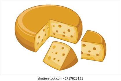 Surtido de ruedas enteras de colección de queso y piezas en rodajas aisladas Ilustración vectorial sobre fondo blanco