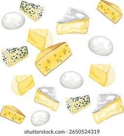 Assorted cheese types such as hard cheese, soft cheese, blue cheese, and mozzarella– suitable for culinary themes