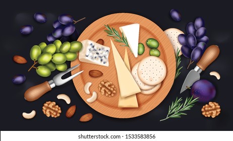 Assorted cheeses with nuts, biscuits, olives, grapes, prune and rosemary on a wooden board, realistic illustration