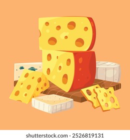 Queijos sortidos na ilustração de placa de madeira, gouda, brie, roquefort, emmental, fatias de queijo, estilo desenhado à mão plana vetor