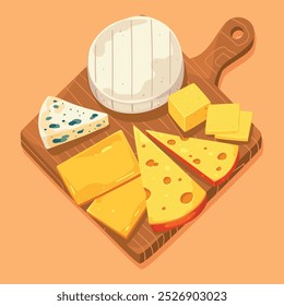 Queijos sortidos em placa de madeira, brie, queijo azul, roquefort, mozzarella, cheddar, gouda em estilo desenhado à mão plana