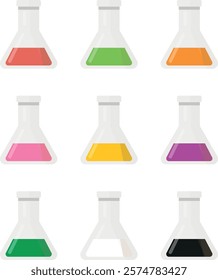 Assorted chemistry flasks containing colorful substances in a laboratory setting.