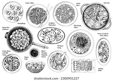 Assorted Chinese food set. Top view. Monochrome