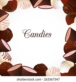 Assorted chocolate candies frame design on white background. Vector