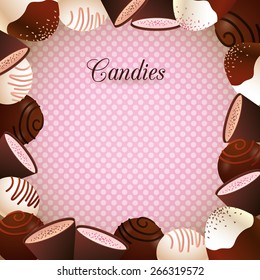Assorted chocolate candies frame design on pink polka dots vintage background. Vector