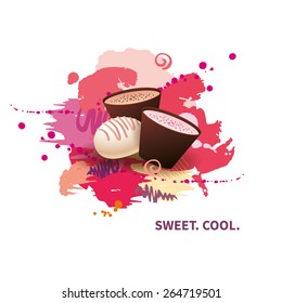 Assorted chocolate candies on background of colorful paint blots. Vector