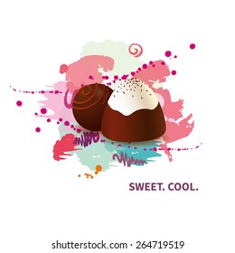 Assorted chocolate candies on background of colorful paint blots. Vector