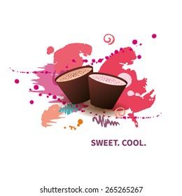 Assorted chocolate candies on background of colorful paint blots. Vector