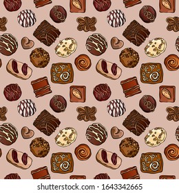 Assorted chocolate candies vector pattern. Milk, white, bitter chocolate. Brown, beige and cream colors. Food illustration for gift wrapping, fashion textile print, wallpaper, menu design.