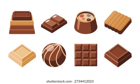 Assorted chocolate candy set, caramel centers, wafer blocks, praline dome, creamy squares, dessert icons, cafe stickers, treat festival, sweet shop