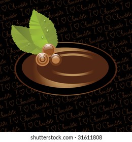 Assorted chocolate and caramel candies label, isolated on "i love chocolate" wallpaper background