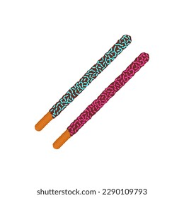 Assorted chocolate chip cookie sticks dipped in sprinkles. Decorated popping candy for Pepero day in Korea. Frosted biscuits with different flavours. Vector illustration