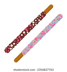 Assorted chocolate chip cookie sticks dipped in sprinkles. Decorated popping candy for Pepero day in Korea. Frosted biscuits with different flavours. Vector illustration