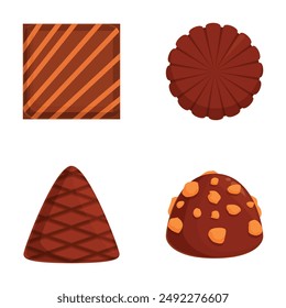 Assorted chocolate delights collection with illustrations and digital drawings of gourmet treats and confectionery products. Including squares. Shells. Pralines. Perfect for packaging design