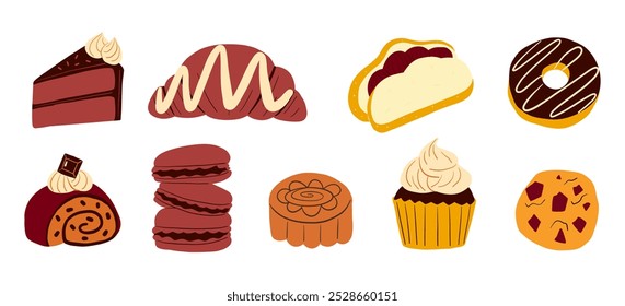 Surtido de Colección de postre de chocolate. Una colección hecha a mano de deliciosos postres de chocolate, con pasteles, macarrones, cupcakes y pasteles. Perfecto para diseños de panadería y comida dulce