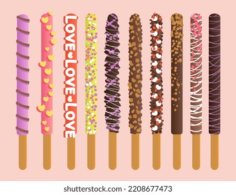 Assorted chocolate dipped pepero sticks vector illustration. Biscuits with different flavors and toppings isolated on background