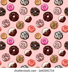 Assorted chocolate and glazed donuts vector pattern. Colorful drawings of sweet cafe bakery, pastry. Food illustration for gift wrapping, fashion textile print, wallpaper, menu design.