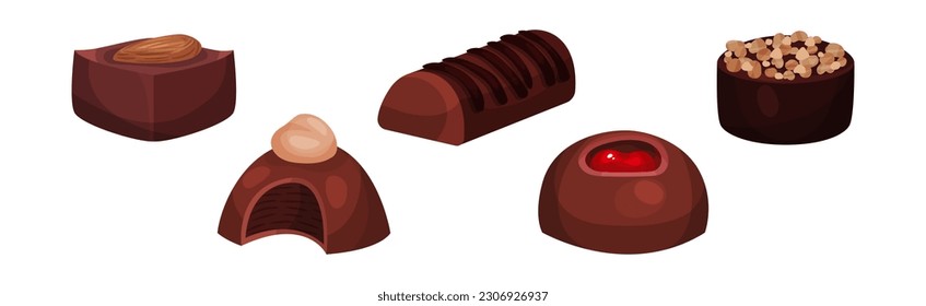 Assorted Chocolate Sweets or Chocolate Praline with Filling Vector Set