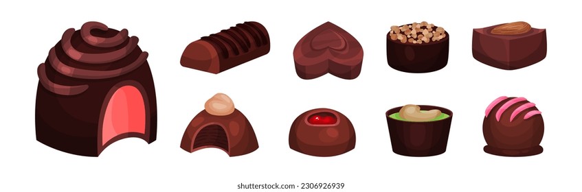 Assorted Chocolate Sweets or Chocolate Praline with Filling Vector Set