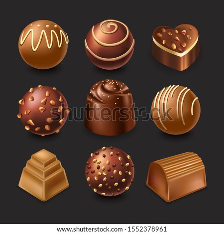 Assorted chocolates. Dark, milk chocolate and caramel realistic candies, covered with nuts or cream decoration on top. Different fillings and shapes. Vector illustration, black background.