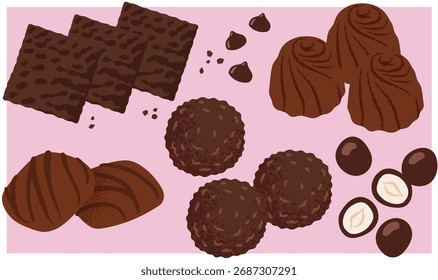Vektorgrafik-Set mit verschiedenen Pralinen, mit verschiedenen Formen, Füllungen und Belägen. Umfasst Trüffel, Pralinen, Schokoriegel, Bonbons und Kakaostücke in einem sauberen, modernen flachen Stil