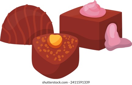 Assorted chocolates with nuts and strawberry cream topping. Delicious candy set for sweet tooth indulgence. Confectionery and gourmet treats vector illustration.