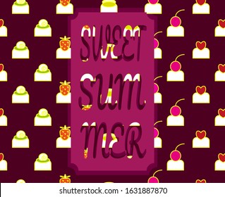 Assorted chocolates set. Pattern sweets with candied fruits, nuts, berries in row diagonally. Sweet summer frame. Vector illustration for confectionery for packaging, for delivery boxes.