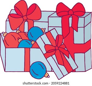Assorted Christmas baubles in gift boxes. Flat vector illustration. 