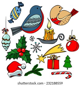 Assorted Christmas icons doodle, vector