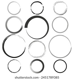 Assorted circular brush strokes set. Abstract circles collection. Artistic round shapes. Vector illustration. EPS 10.
