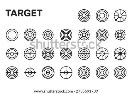 Assorted circular symbols representing accuracy plus success and competitive achievement in minimal line style