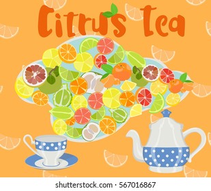 Assorted citrus slices on a colored background with a teapot, a cup and an inscription.