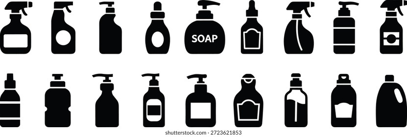 Ilustración de conjunto de iconos de botella de limpiador surtido que muestra el Vector de productos de saneamiento
