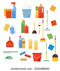 Assorted cleaning items set with brooms, bucket, mops, spray, brushes, sponges. Cleaning accessories flat style. EPS 10