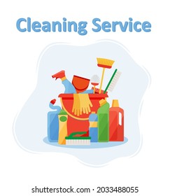 Assorted cleaning items set with brooms, bucket, mops, spray, brushes, sponges. Cleaning accessories flat style. EPS 10