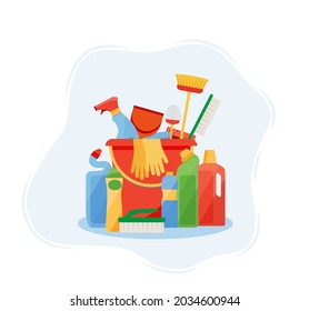 Assorted cleaning items set with brooms, bucket, mops, spray, brushes, sponges. Cleaning accessories flat style. EPS 10