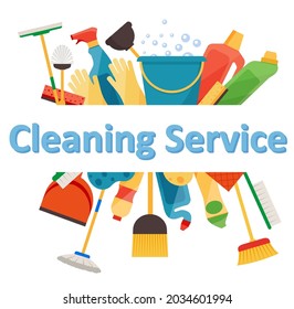 Assorted cleaning items set with brooms, bucket, mops, spray, brushes, sponges. Cleaning service. Cleaning accessories flat style. EPS 10