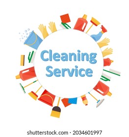 Assorted cleaning items set with brooms, bucket, mops, spray, brushes, sponges. Cleaning service. Cleaning accessories flat style. EPS 10