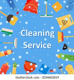 Assorted cleaning items set with brooms, bucket, mops, spray, brushes, sponges. Cleaning service. Cleaning accessories flat style. EPS 10