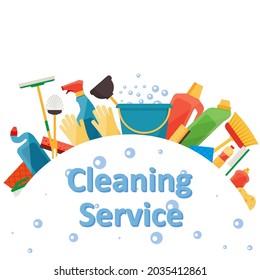 Assorted cleaning items set with brooms, bucket, mops, spray, brushes, sponges. Cleaning service. Cleaning accessories flat style. EPS 10