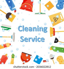 Assorted cleaning items set with brooms, bucket, mops, spray, brushes, sponges. Cleaning service. Cleaning accessories flat style. EPS 10