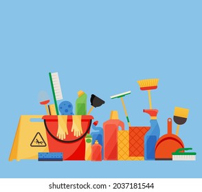 Assorted cleaning items set with brooms, bucket, mops, spray, brushes, sponges. Cleaning accessories flat style. EPS 10