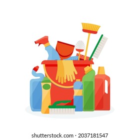 Assorted cleaning items set with brooms, bucket, mops, spray, brushes, sponges. Cleaning accessories flat style. EPS 10