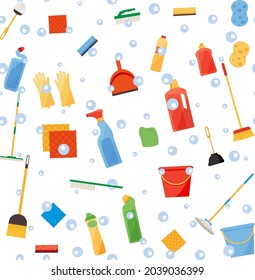 Assorted cleaning items set with brooms, bucket, mops, spray, brushes, sponges. Seamless pattern Eps 10