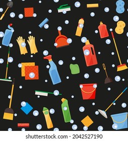 Artículos de limpieza surtidos con escobas, cubos, copas, pulverización, cepillos, esponjas. Patrón sin soldadura Eps 10